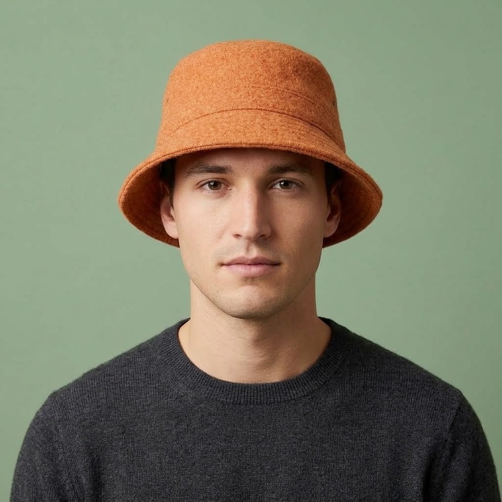 J.Crew Lambs Wool Bucket Hat Mens S/M Orange Tweed Textured EUC